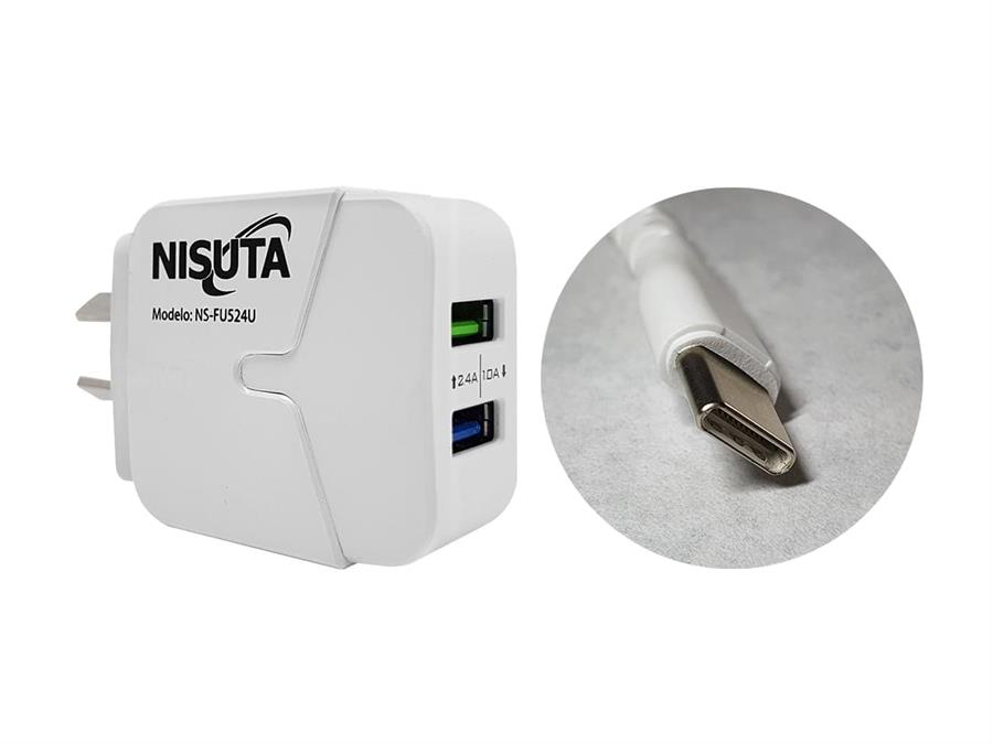 Cargador de celular Nisuta 2 puertos USB 2.4A + cable USB tipo C 1m