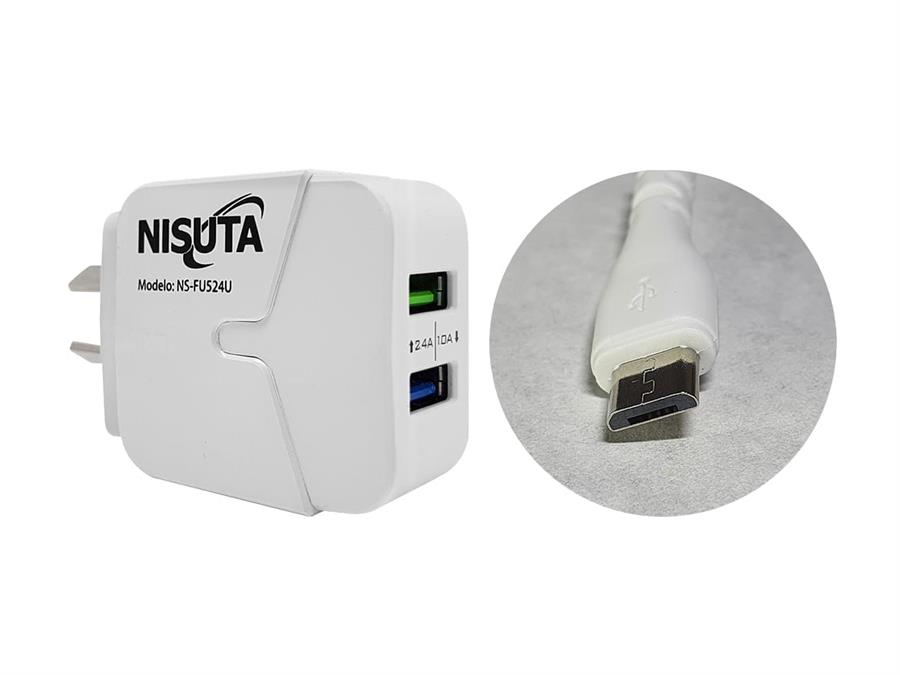 Cargador de celular Nisuta 2 puertos USB 2.4A + cable Micro USB 1m