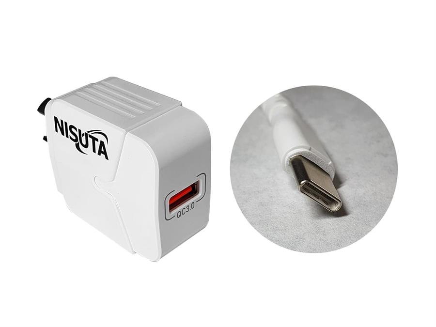 Cargador Rápido Nisuta con 1 puerto USB QC3.0 + Cable USB tipo C 1m
